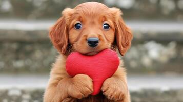 AI generated Sweet puppy with heart shaped pillow, ideal for valentine s day and animal lovers photo