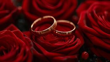 ai generado cerca arriba de rojo oro Boda anillos con vibrante rojo rosas y bokeh Encendiendo para texto colocación foto