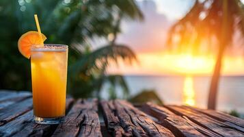 AI generated Refreshing tropical hurricane cocktail on beach with blurred background and space for text placement photo