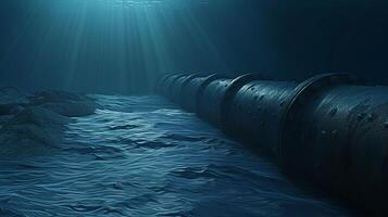 AI generated Subsea oil and gas pipeline  metal conduit for underwater transport in blue ocean photo