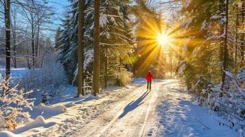 AI generated Adventurous cross country skier exploring a breathtaking forest trail view from behind photo