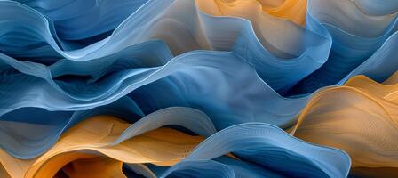 AI generated Abstract yellow and blue background with leaves and translucent silk fabric waves photo