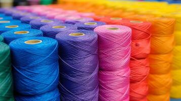 AI generated Vivid colorful cotton threads on tailor s fabric background showcasing a variety of shades and hues photo