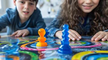 ai generado cerca arriba de alegre niños s manos activamente jugando un cautivador y interactivo tablero juego foto