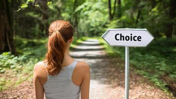 AI generated Confident woman standing at crossroad with directional sign showing  choice  for decision making photo