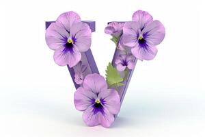 AI generated Violet flower alphabet letter  v  in modern 3d style isolated on white background photo
