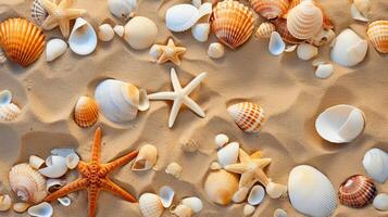 AI generated Top view of sandy beach with seashells and starfish, perfect for summer travel design concept photo