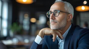 AI generated Confident middle aged businessman in glasses, looking out with grey hair, office background photo