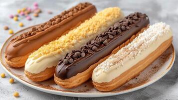 ai generado clasificado francés eclair postres con varios sabores y colores en un blanco plato foto