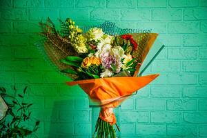 Colorful Bouquet of Flowers on Table - Copy Space photo