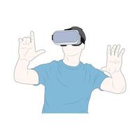 The young man wearing a VR headset and trying a new experience on white background vector