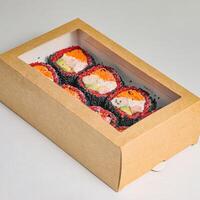 Cardboard Box With Assorted Sushi Rolls photo