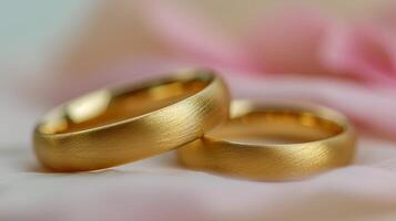 AI generated Exquisite gold wedding rings on soft pink bokeh background with generous text space photo