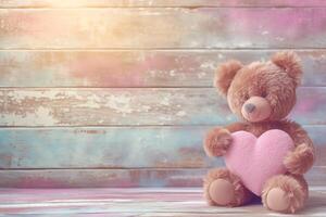AI generated Baby bear with heart gift, valentine s day concept, magical blurred background, text space photo