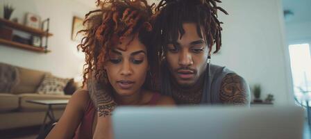 AI generated Multiracial young couple enjoying quality time together while watching laptop on sofa at home photo