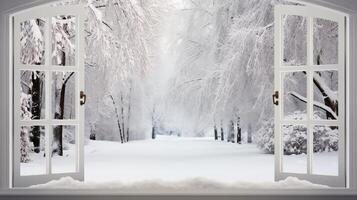 ai generado cabaña ventana ver de Nevado montañas bosque Navidad naturaleza antecedentes para producto mostrar. foto