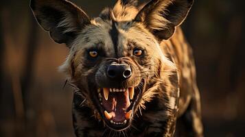 AI generated Close up of a wild dog howling in the wilderness, showcasing its untamed beauty and primal instincts photo