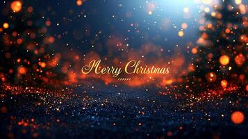 AI generated Merry christmas golden text on magical bokeh sparkles background, festive postcard design photo