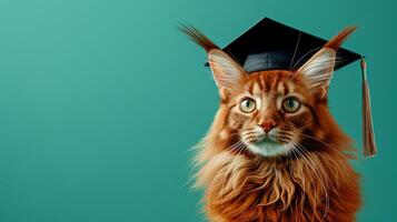 AI generated Funny fluffy cat wearing graduation cap on solid pastel background for text placement photo