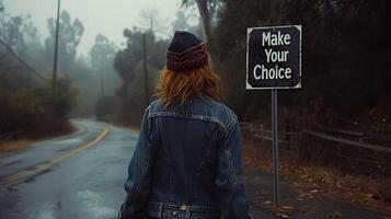 AI generated Make your choice  two way sign at crossroad with woman   decision making and uncertainty concept photo