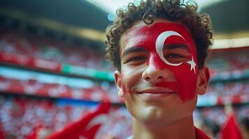 AI generated Turkey flag face painted man cheering at football stadium with blurry background and copy space photo