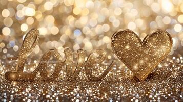 AI generated Golden love text on magical bokeh sparkles background for romantic postcard design photo