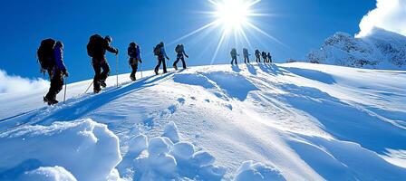 AI generated Determined friends conquering the mountain peak as a supportive and encouraging team photo