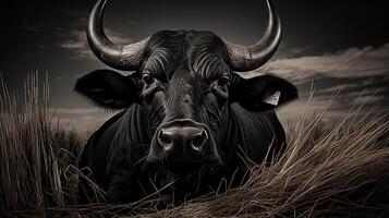 ai generado nutriendo y paciente rasgos de Tauro tranquilo toro y natural abundancia en consolador atmósfera foto