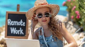 AI generated Woman working remotely from the beach on her laptop computer with a  remote work  sign photo