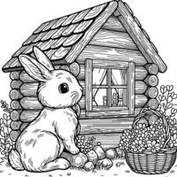 Coloring Page of  Easter rabbit looking out of the window of his small log hut with flower in white background vector