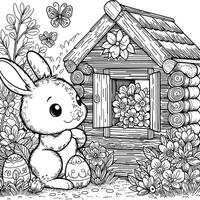 Coloring Page of  Easter rabbit looking out of the window of his small log hut with flower in white background vector