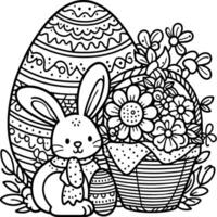 outlined Coloring Page of  Easter egg with flower and basket and bunny in white background vector