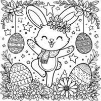 Coloring Page of  Dancing Easter bunny with decorative eggs, flower, star  in white background vector