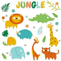 vector set of funny jungle wildlife elements with animals and plants for kids