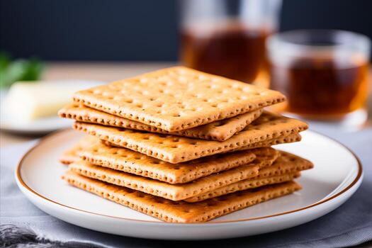 AI generated Assorted crispy crackers arranged on white background for versatile snack or appetizer option. photo