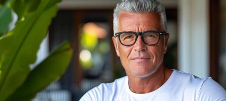 AI generated Middle aged man in office with glasses, grey hair, looking out, copy space for text placement photo