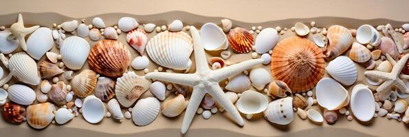 AI generated Top view of beach with seashells and starfish as textured background for summer travel design photo