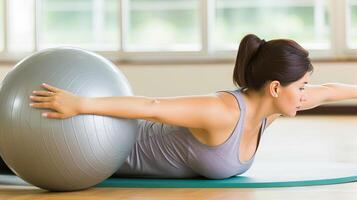 AI generated Woman performing controlled core exercise on stability ball for fitness and strength training photo