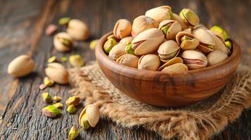 ai generado pistacho nueces en cuenco en de madera mesa sano bocadillo y nutritivo comida opción foto