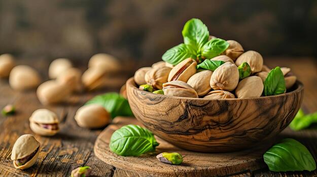 AI generated Healthy and delicious pistachio nuts in a wooden bowl on a rustic table   a nutritious snack option photo