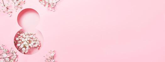 tarjeta postal para De las mujeres día. número 8 con flores en un rosado antecedentes. bandera. Copiar espacio. foto