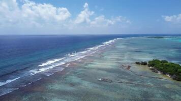 zumbido ver de paraíso islas de el Maldivas con coral arrecifes debajo el olas de azul el indio océano. foto