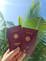 un mano sostiene dos alemán pasaportes en frente de un suave viaje antecedentes en el Maldivas con palma arboles y playa. foto