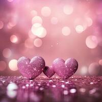 AI generated Romantic pink glitter hearts template with bokeh effect. photo