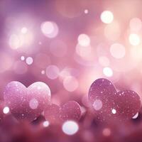 AI generated Romantic pink glitter hearts template with bokeh effect. photo