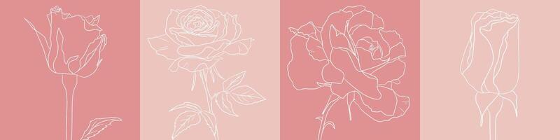 Vector beautiful flowers. One line drawing of a rose and a bud on a background of pastel pink colors. Minimalist one line illustration for banner, postcard, sticker