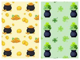 Set of patterns for St. Patrick's Day. Pattern with coins, pot of coins and pattern with shamrock, four-leaf clover, vase with clover vector