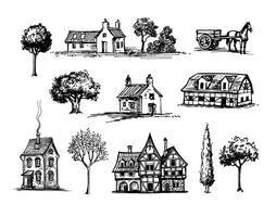 Old village ink sketches. Houses and trees. Horse harnessed to a cart. Hand drawn illustrations. Vintage style. vector