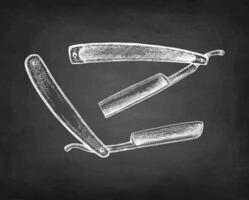 Folding straight razors chalk sketch. Blackboard background. Hand drawn vector illustration. Vintage style.