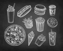 Fast food collection. Chalk sketches on blackboard background. Hand drawn vector illustration. Retro style.